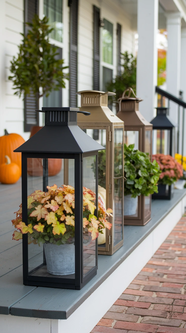 Lantern planters autumn colors potted plants miniature fall scenes pumpkins artificial leaves unique outdoor decor porch ideas