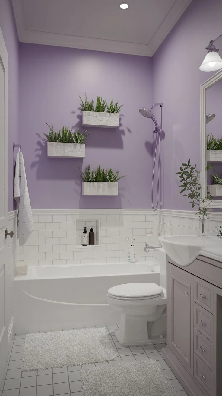 Lavender bathroom, soothing purple hues, calming atmosphere, elegant design, soft lighting, romantic vibes, modern fixtures, feminine touch, relaxing space, unique color choice