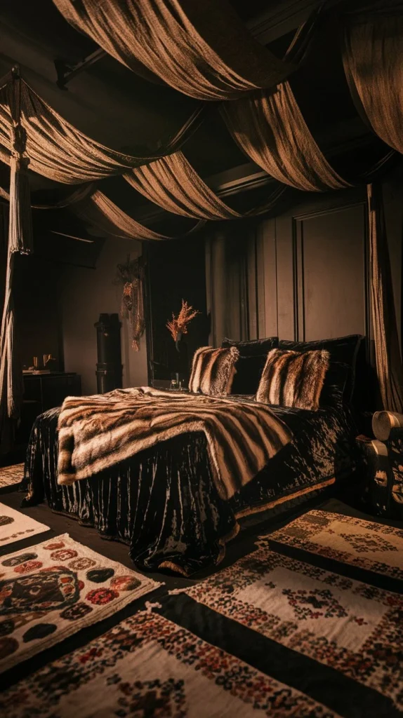 Rich textiles in moody bedroom, layered fabrics, luxurious bedding, velvet throws, silk pillows, textured blankets, opulent materials, cozy layers, sumptuous textures, tactile comfort