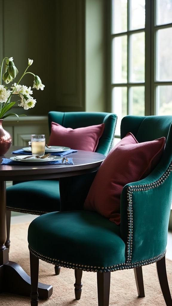 Velvet pillows, dining chairs, emerald, plum, sapphire, tassels, braid trim, textural accents, visual interest, cozy seating