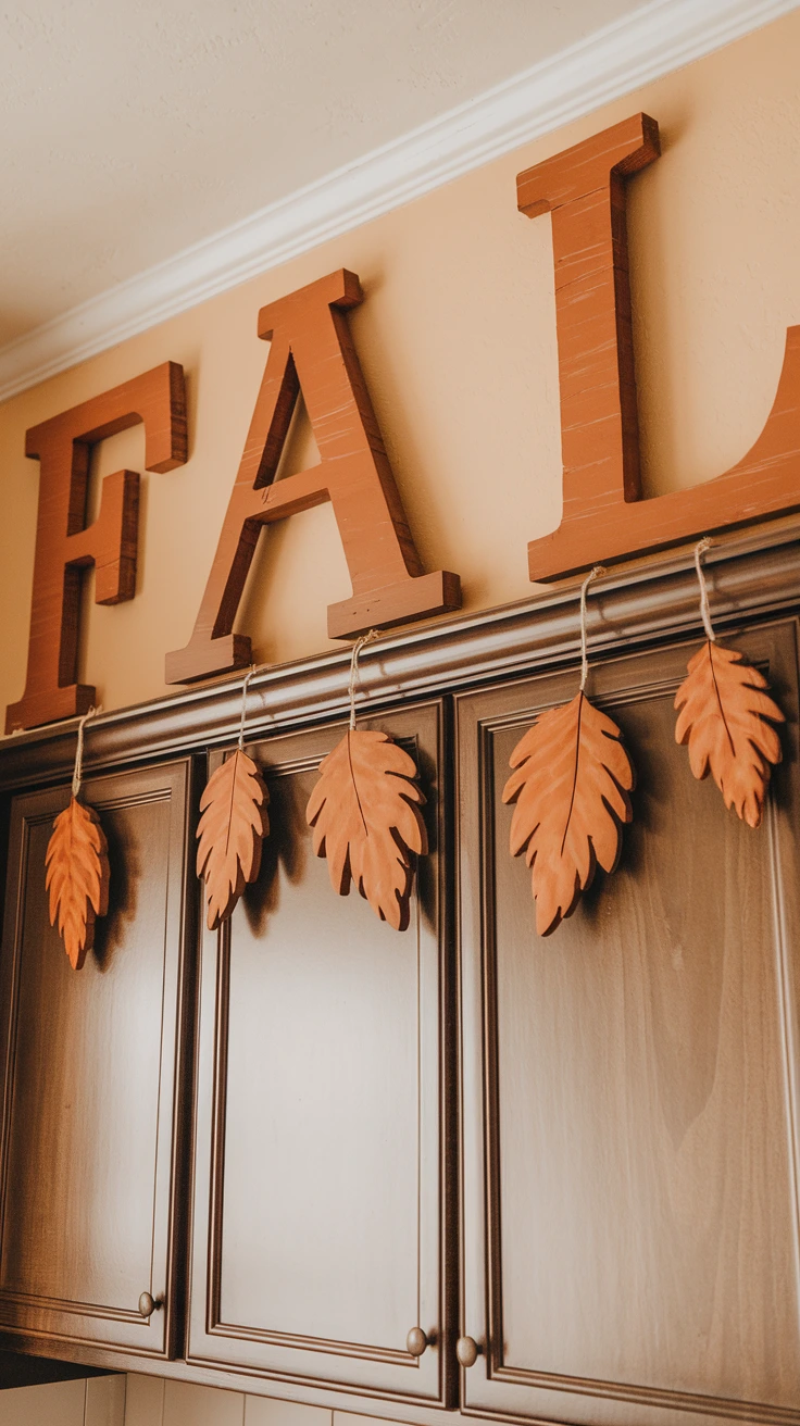 Decorative letters spelling 'FALL', mixed materials, wood, metal, fabric, eclectic autumn decor