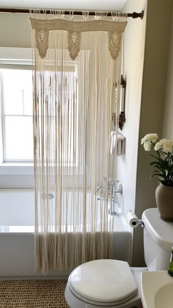 Macrame shower curtain, boho bathroom decor, farmhouse style, natural fiber, tassels, knotwork, rustic charm, eclectic design, texture, white