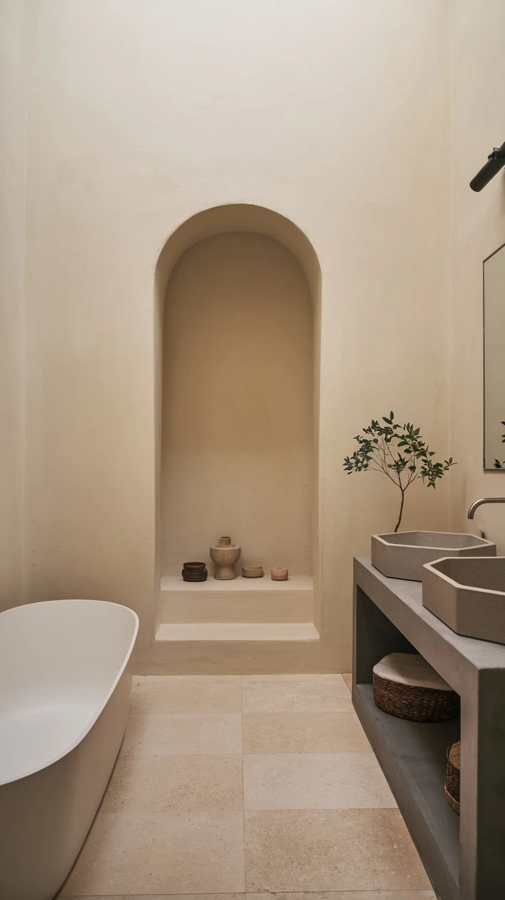 Minimalist neutral bathroom, clean lines, simple color palette, modern design, uncluttered space, zen-like atmosphere, sleek fixtures, calming interior, understated elegance, timeless appeal