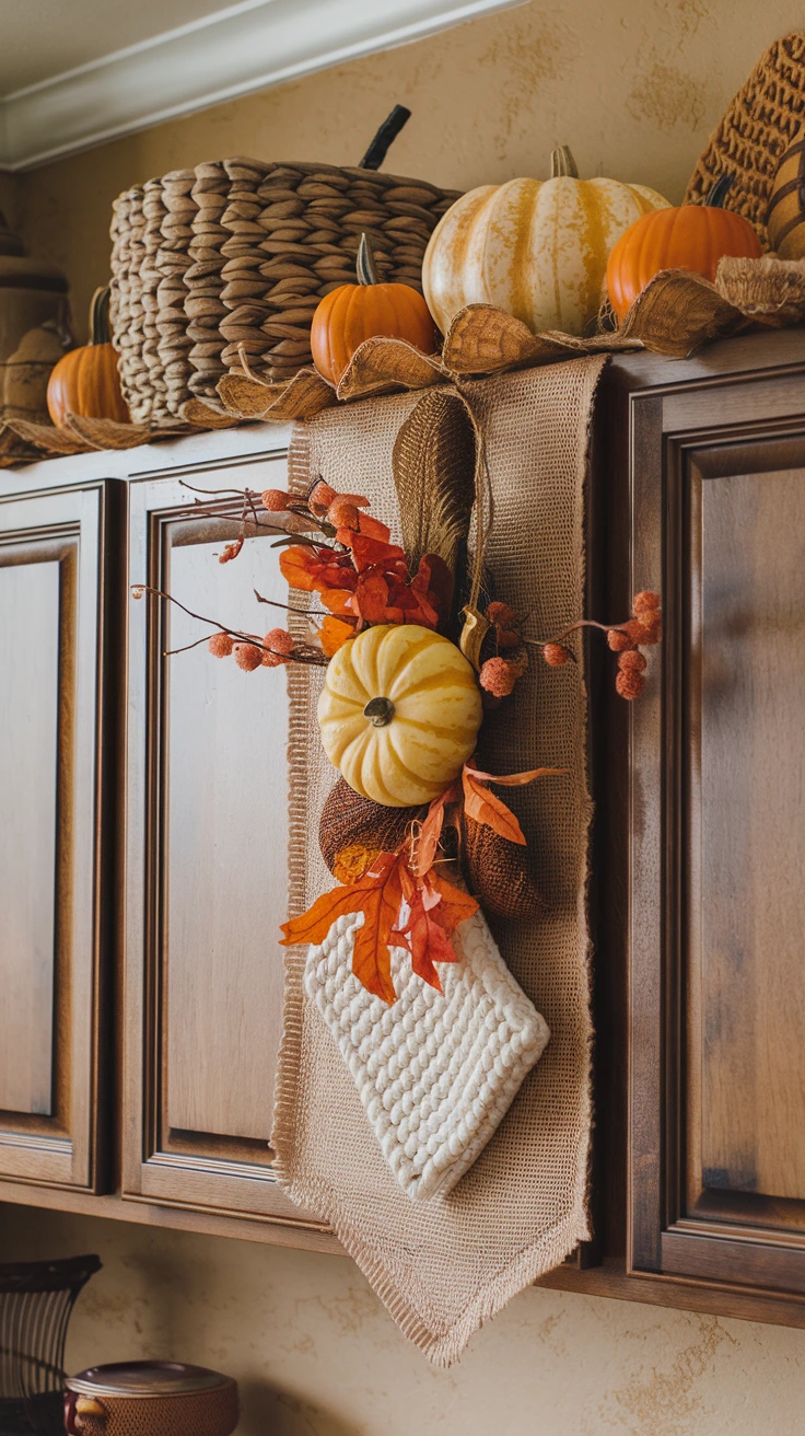 Fall decor with varied textures, burlap, woven baskets, knit fabrics, rustic, cozy, tactile, layered, diverse materials