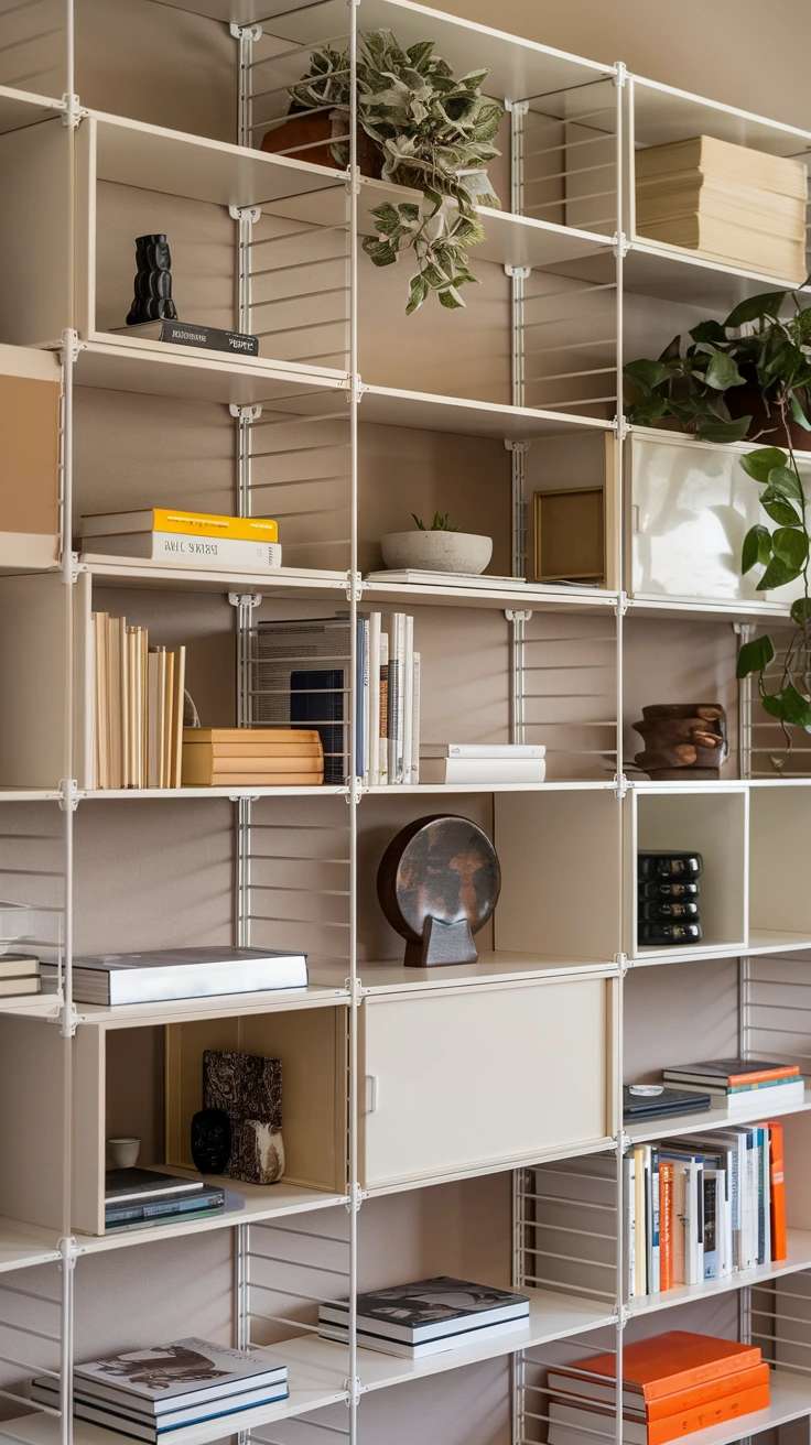 Modular shelving system, customizable storage, flexible furniture, adaptable bookshelf, contemporary design, adjustable shelves, versatile organization, modern interior, scalable storage solution, personalized shelving