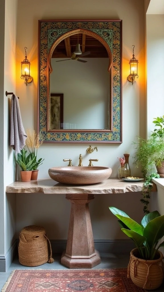 Moroccan-inspired mirror, ornate bathroom decor, boho farmhouse fusion, intricate designs, statement piece, global influence, vintage look, eclectic style, metallic accents, focal point