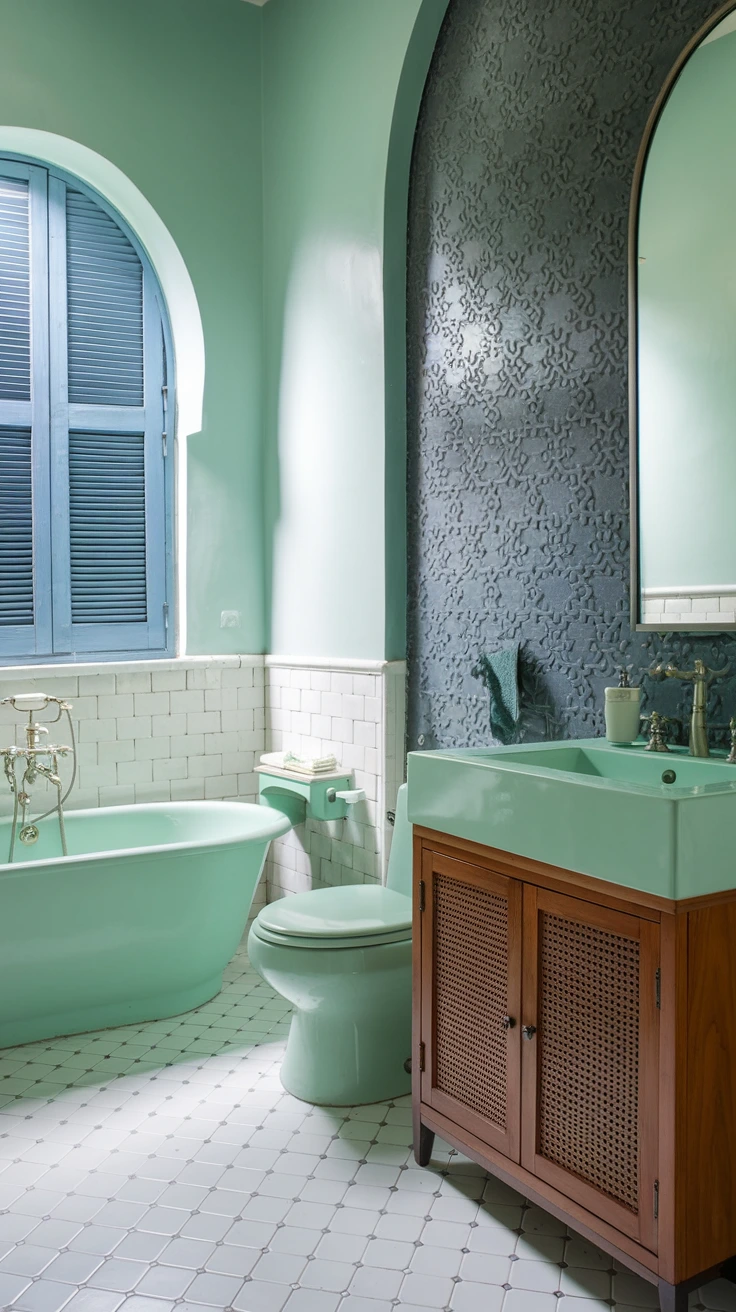 Mint green walls, Moroccan color palette, refreshing bathroom, cool tones, soothing atmosphere, painted walls, zellige tiles, color inspiration, calm interiors, traditional hues