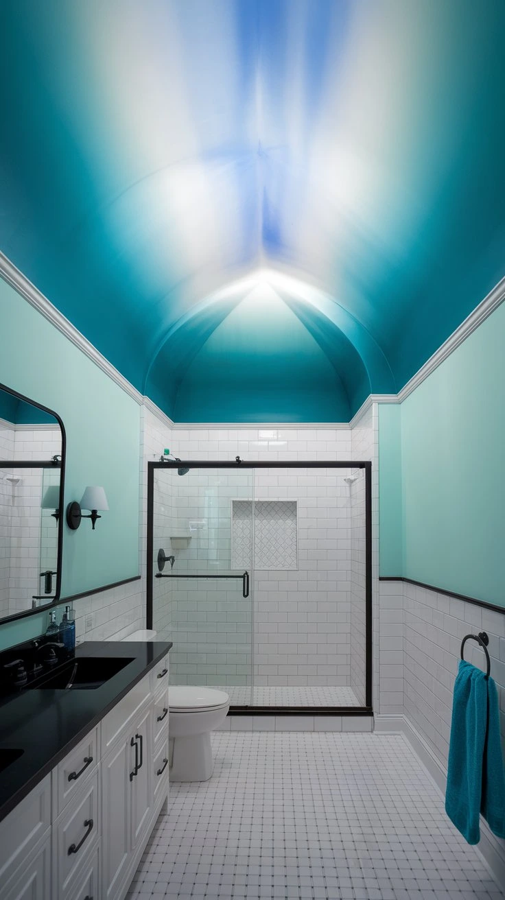 Ombre ceiling bathroom, gradient paint effect, unique design, color transition, modern look, artistic touch, creative paint technique, eye-catching feature, subtle color blend, innovative decor