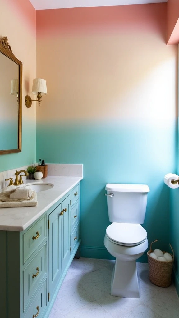 Ombre effect bathroom, gradient paint technique, color transition, dreamy atmosphere, artistic design, unique wall treatment, modern look, soft color blend, creative paint idea, stylish interior