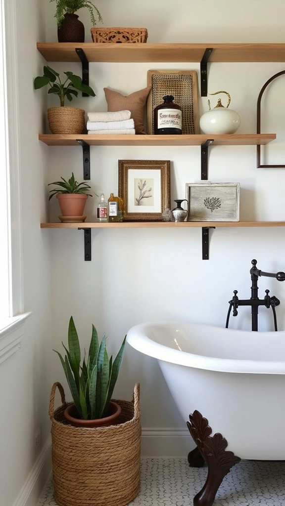 Open shelving, eclectic bathroom storage, boho farmhouse decor, rustic wood, industrial pipes, display area, mixed textures, curated collections, functional design, personalized space