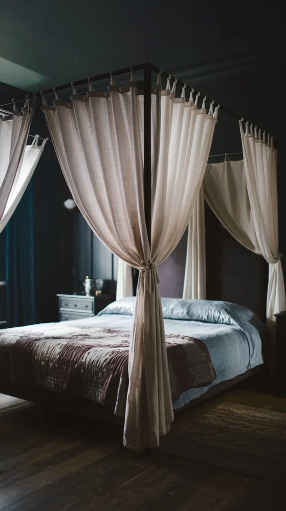 Canopy bed in moody bedroom, draped curtains, romantic sleeping area, four-poster bed, luxurious bedding, enclosed sleeping space, dreamy atmosphere, elegant bed frame, privacy curtains, cozy nook