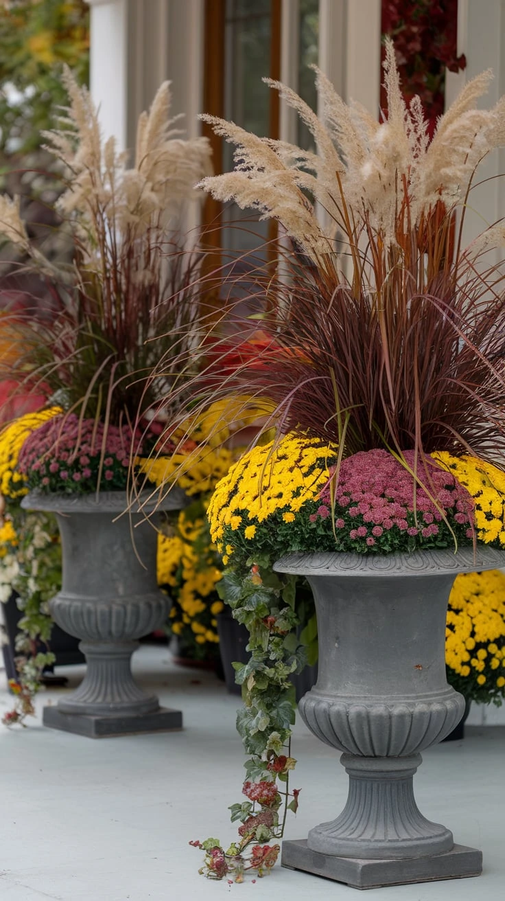 Oversized urn displays ornamental grasses mums trailing vines lush overflowing fall plants statement piece entrance decor