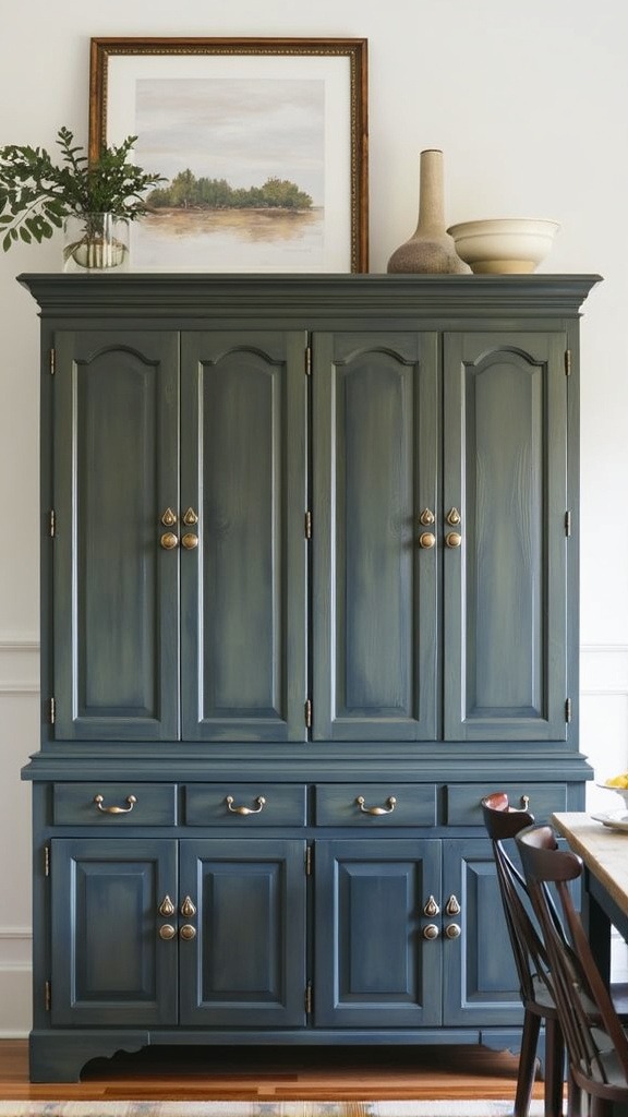 Painted wood furniture, distressed finish, navy, olive, moody gray, statement accent, wood grain, natural beauty, refreshed look