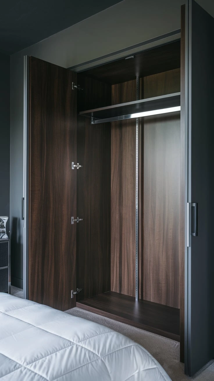 Painted closet interior bedroom storage dark walnut glaze chrome fixtures built-in look