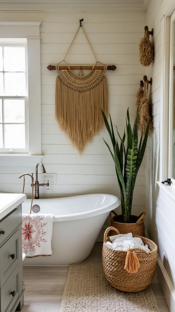 Pampas grass decor, boho farmhouse bathroom, dried floral arrangement, neutral accents, textural elements, natural decor, soft tones, low-maintenance plants, organic shapes, rustic charm