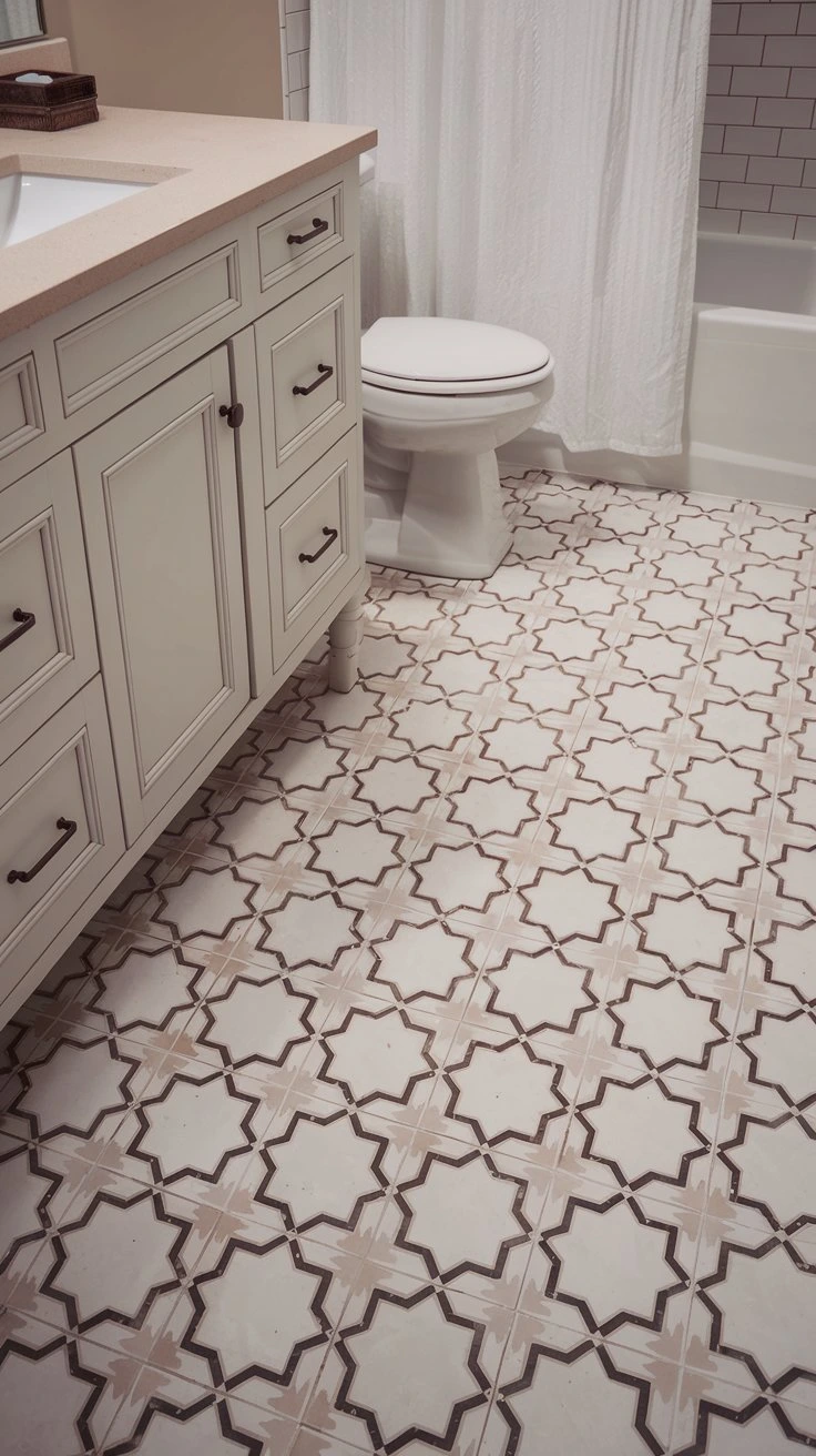 Patterned cement tiles bathroom flooring, unique designs, durable, eco-friendly, customizable, statement pieces, Moroccan-inspired, geometric patterns, long-lasting, character