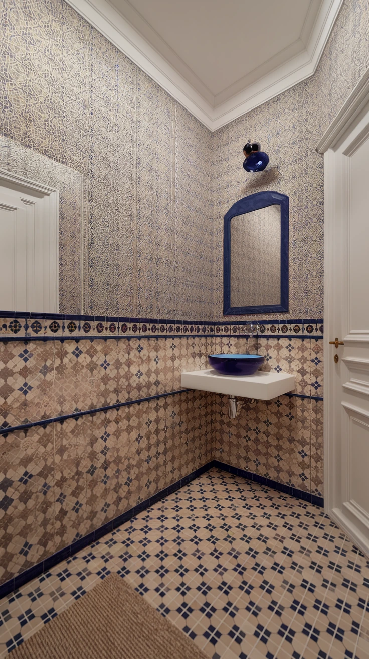 Patterned tiles, Moroccan floor, geometric designs, colorful bathroom, intricate patterns, statement flooring, traditional motifs, bold decor, visual interest, artistic tiles