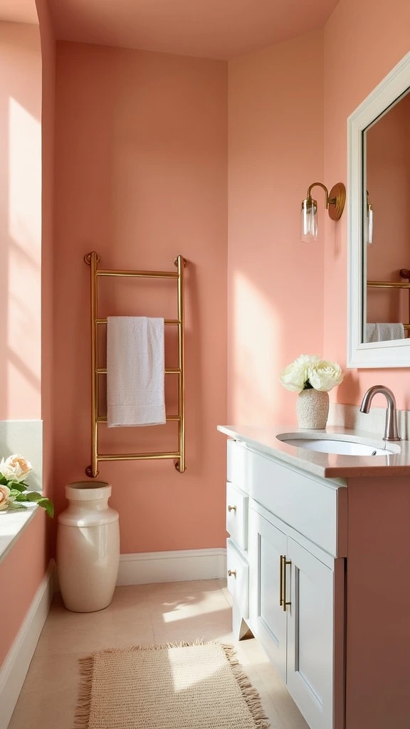 Peachy pink bathroom, soft hues, feminine touch, warm ambiance, modern fixtures, gold accents, blush tones, elegant design, romantic atmosphere, trendy color scheme