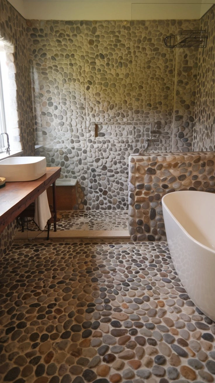 Pebble tiles bathroom flooring, natural aesthetic, massage-like texture, slip-resistant, unique patterns, water drainage, durable, organic look, spa-inspired, versatile