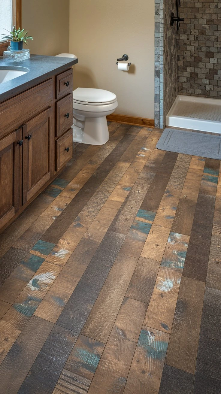 Plank vinyl bathroom flooring, wood-look, waterproof, easy installation, comfortable underfoot, durable, affordable, low maintenance, realistic textures, wide variety of styles