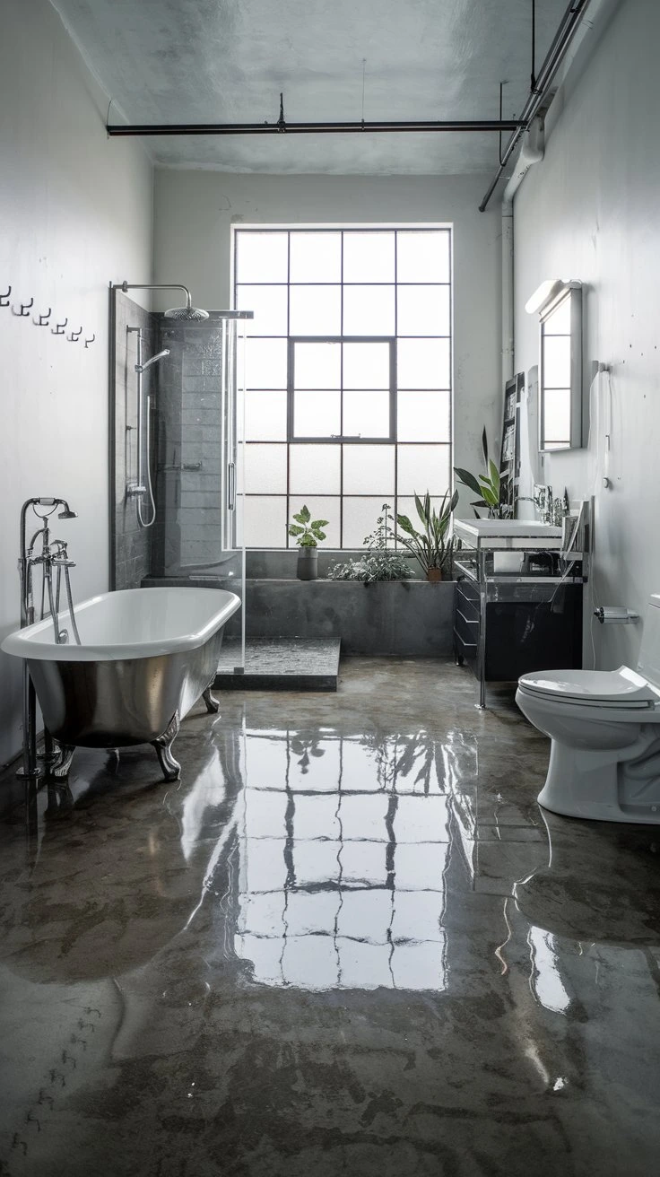 Polished concrete bathroom flooring, sleek, modern, durable, customizable sheen, easy to clean, moisture-resistant, industrial aesthetic, reflective surface, low maintenance