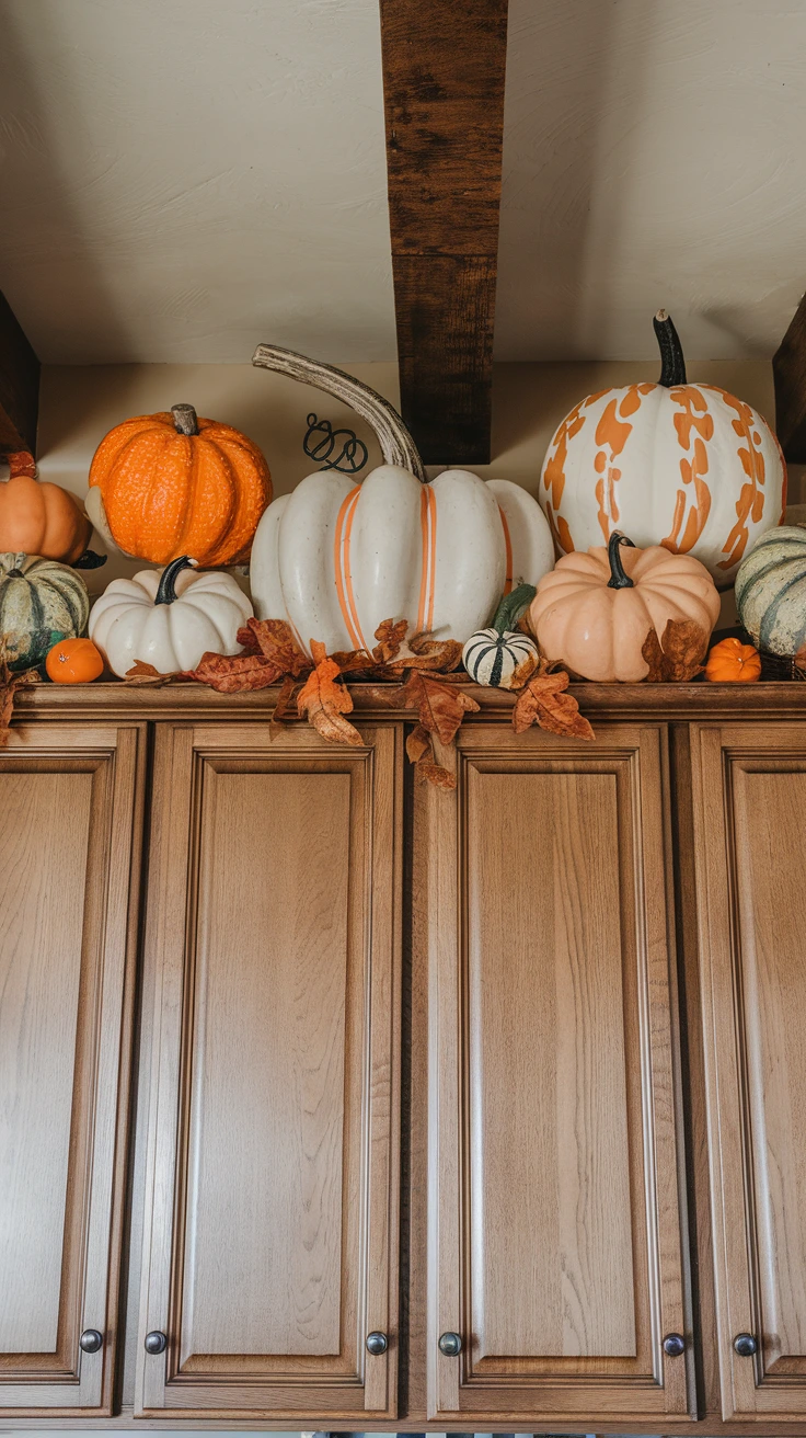 Assorted pumpkins on kitchen cabinets, varied sizes, colors, textures, autumn display, seasonal decor, gourd arrangement