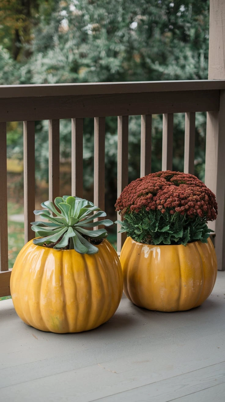 Pumpkin planters succulent autumn decor seasonal festive gourd container gardening fall decorating ideas porch display