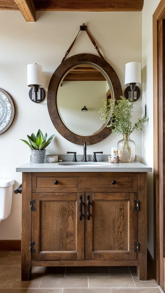 Reclaimed wood vanity, rustic bathroom furniture, farmhouse sink, upcycled materials, eco-friendly design, vintage charm, natural textures, boho accents, custom cabinetry, sustainable style