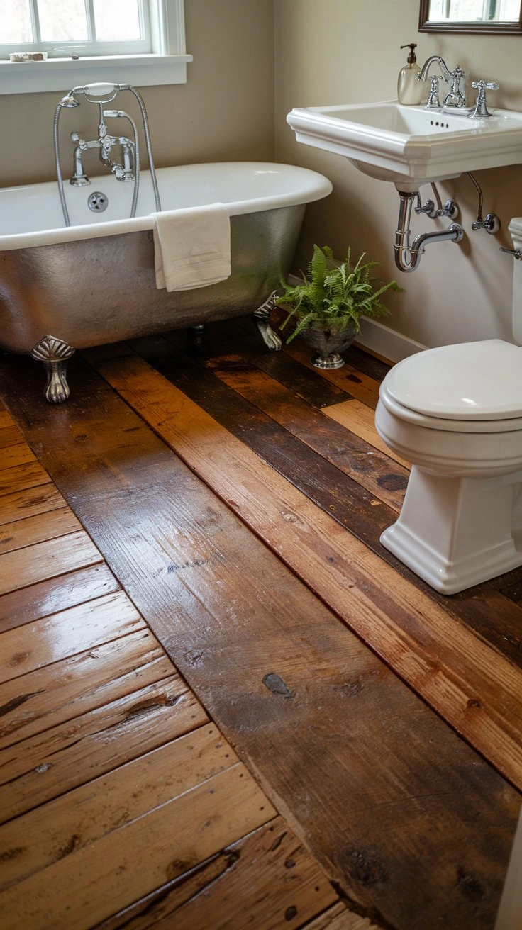 Reclaimed wood bathroom flooring, rustic charm, eco-friendly, unique patterns, historical appeal, sustainable choice, character-rich, warm aesthetic, durable when treated, conversation piece