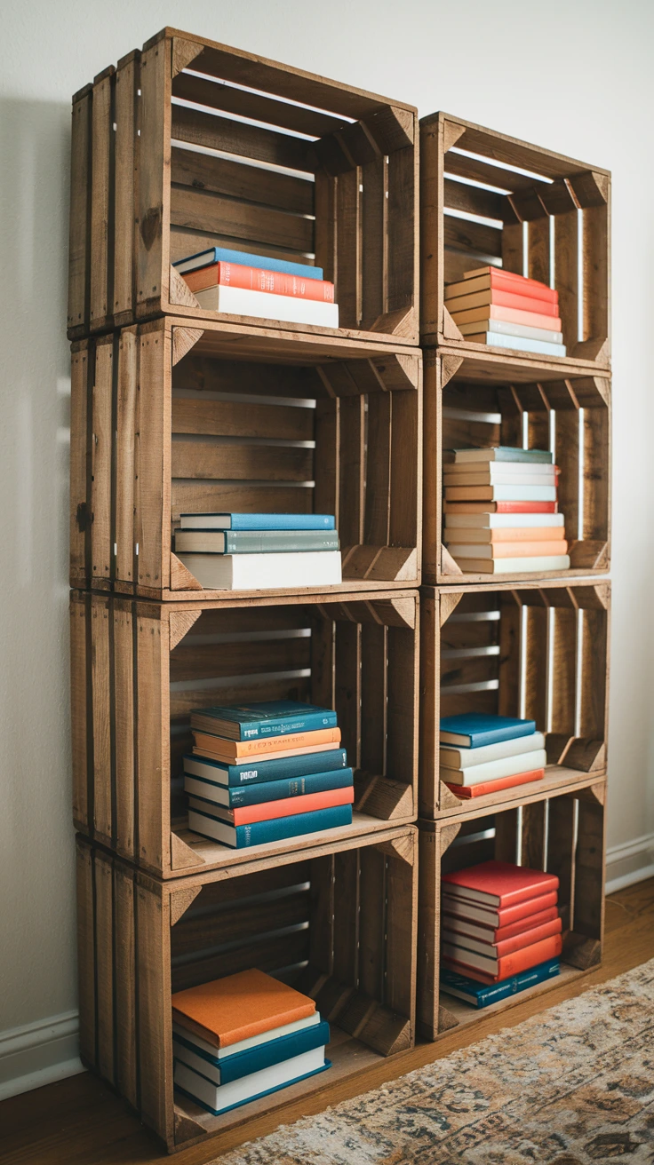 Repurposed crate shelves, rustic bookshelf, upcycled storage, vintage decor, DIY furniture, wooden box shelving, farmhouse style, eco-friendly design, customizable organization, shabby chic interior