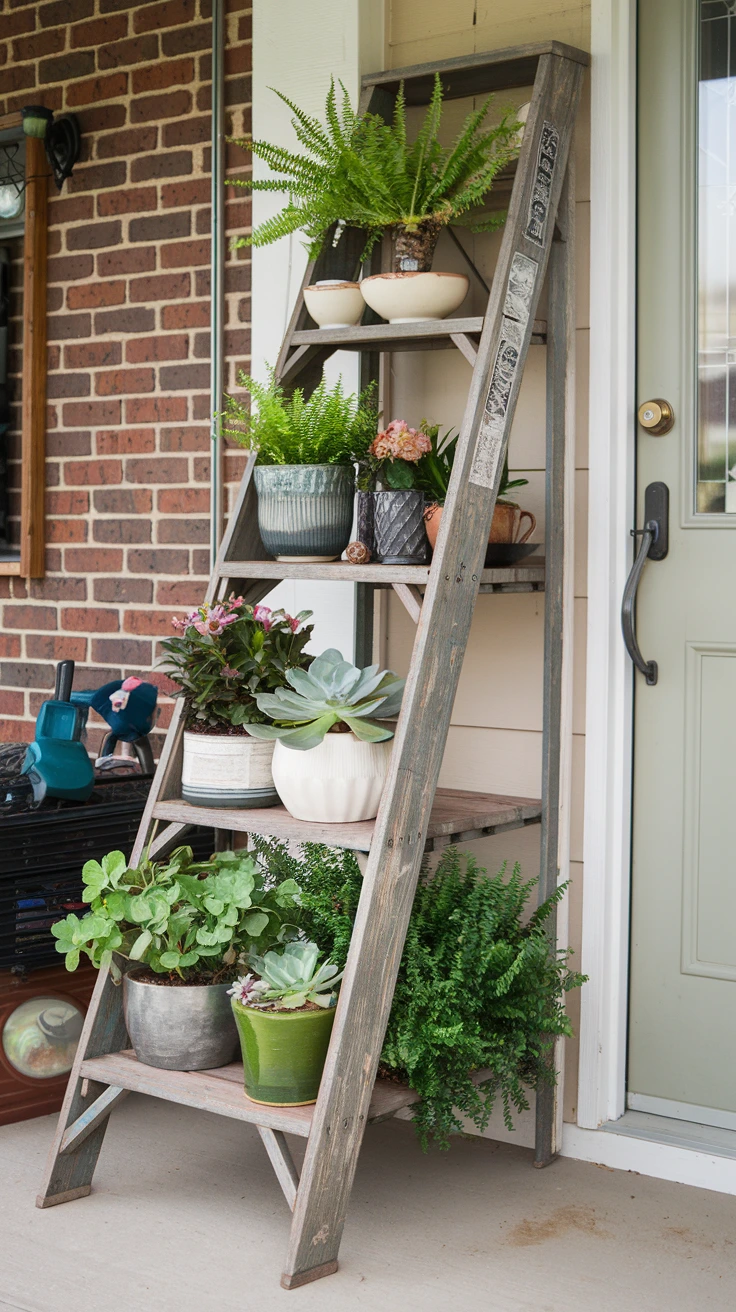 Repurposed ladder plant stand vertical display potted plants varying sizes types porch decor space-efficient autumn decorating ideas