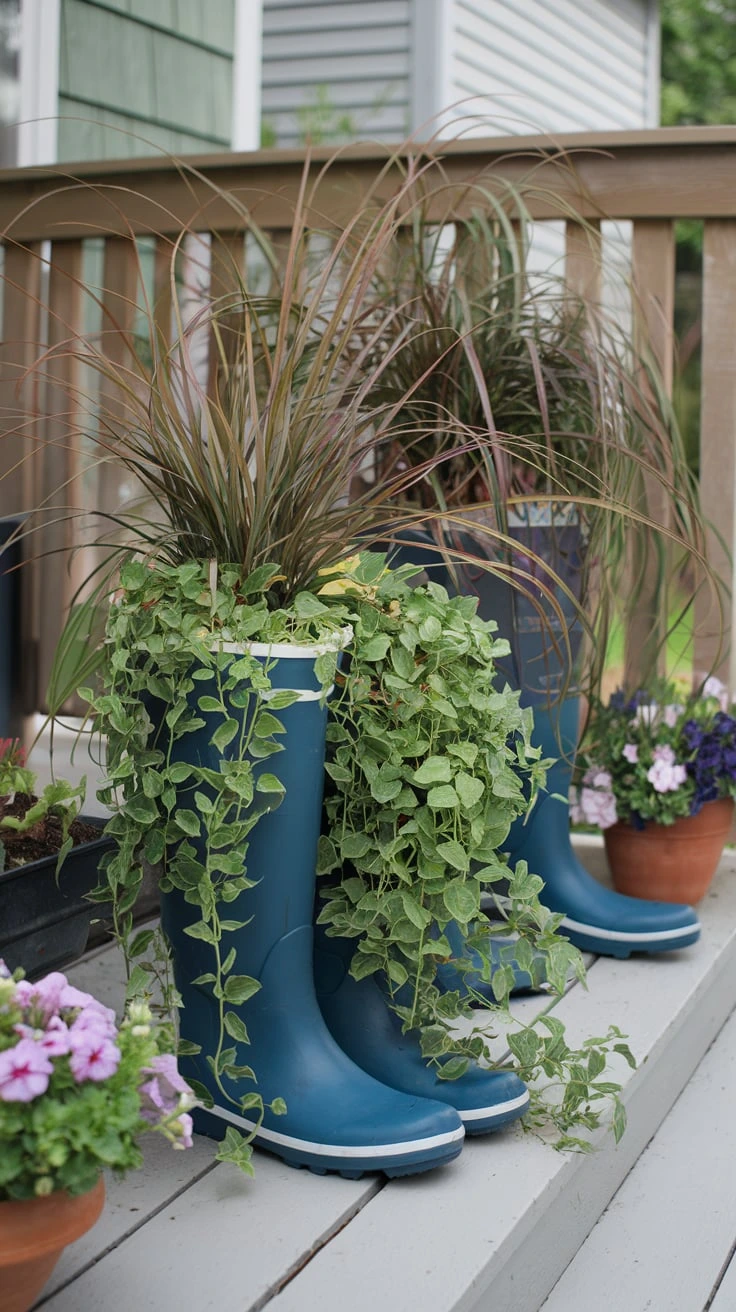 Repurposed rain boots planters upcycling whimsical porch decor tall grasses cascading plants lush abundant fall decorating