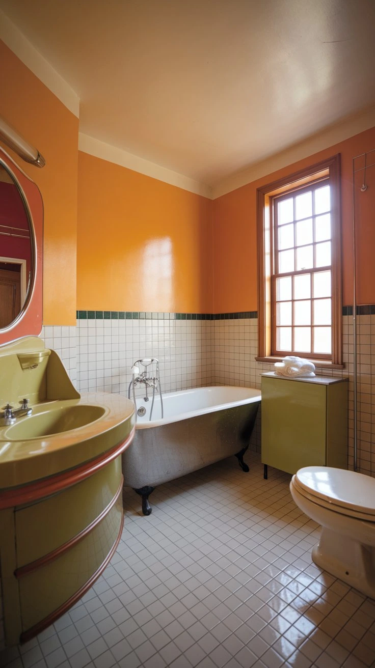 Retro revival bathroom, vintage-inspired colors, nostalgic design, bold hues, 70s aesthetic, funky interior, playful decor, unique color palette, eye-catching space, retro-modern fusion