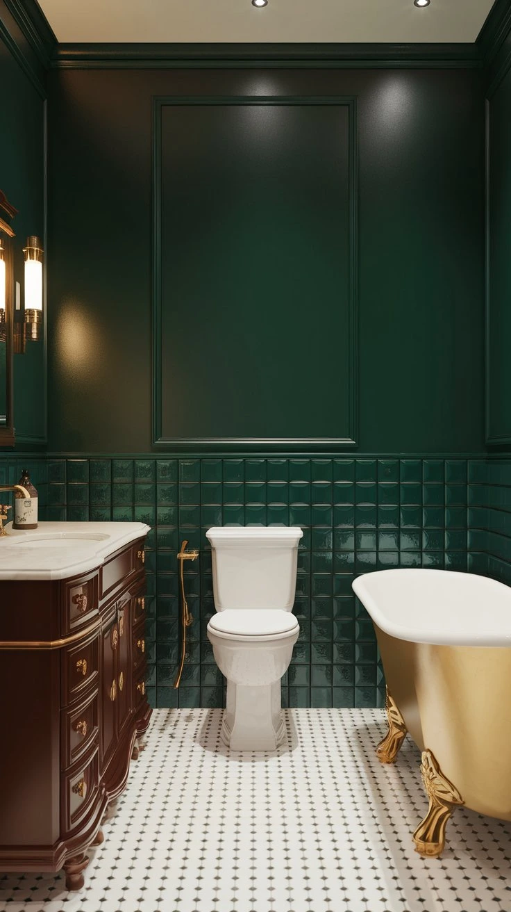 Jewel tone bathroom, luxurious color palette, deep saturated hues, opulent design, bold paint choices, dramatic interior, elegant decor, rich atmosphere, sophisticated look, vibrant space