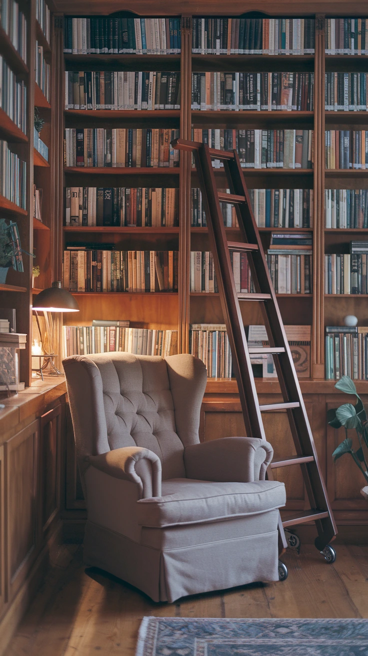 Rolling library ladder, tall bookshelf accessory, classic library design, functional decor, vintage-inspired furniture, home office organization, accessible storage, sophisticated interior, literary charm, traditional library aesthetic