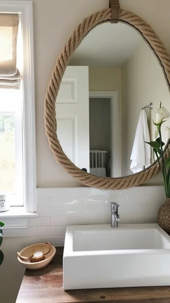 Rope-wrapped mirror, nautical bathroom decor, DIY project, textured frame, boho farmhouse style, natural materials, coastal influence, rustic charm, unique design, handmade accent