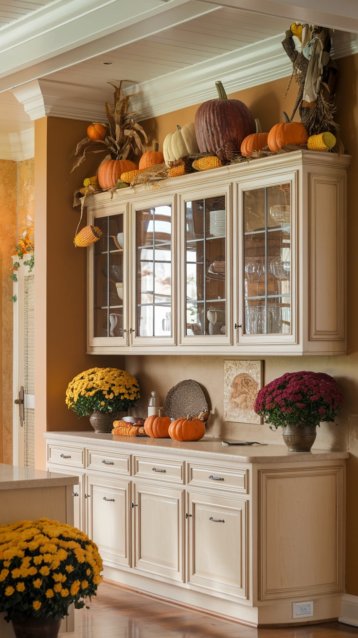 Rotating fall decor, interchangeable seasonal elements, versatile display, adaptable arrangement