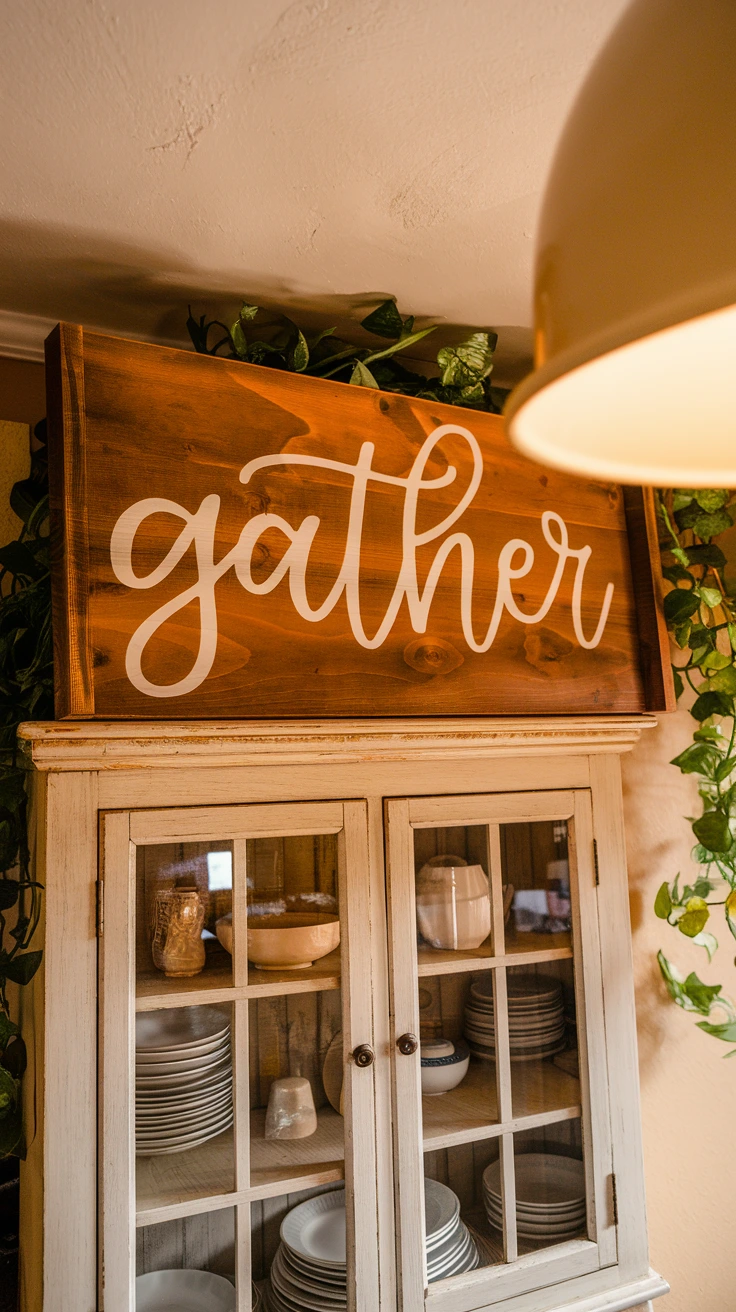 Rustic wooden sign saying 'gather', farmhouse style, autumn decor, kitchen decoration, inspirational word art