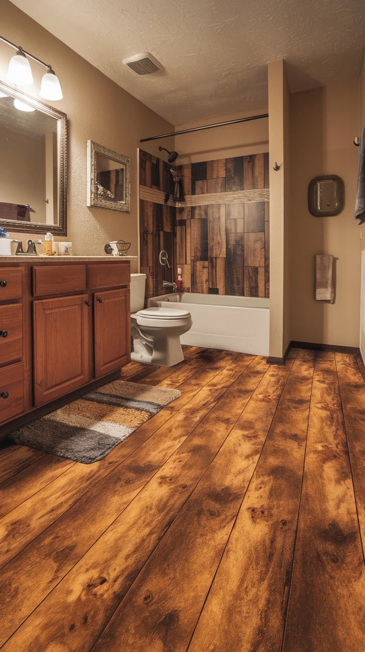 Sheet vinyl bathroom flooring, water-resistant, affordable, easy cleaning, comfortable underfoot, mimics other materials, budget-friendly, quick installation, wide variety, practical