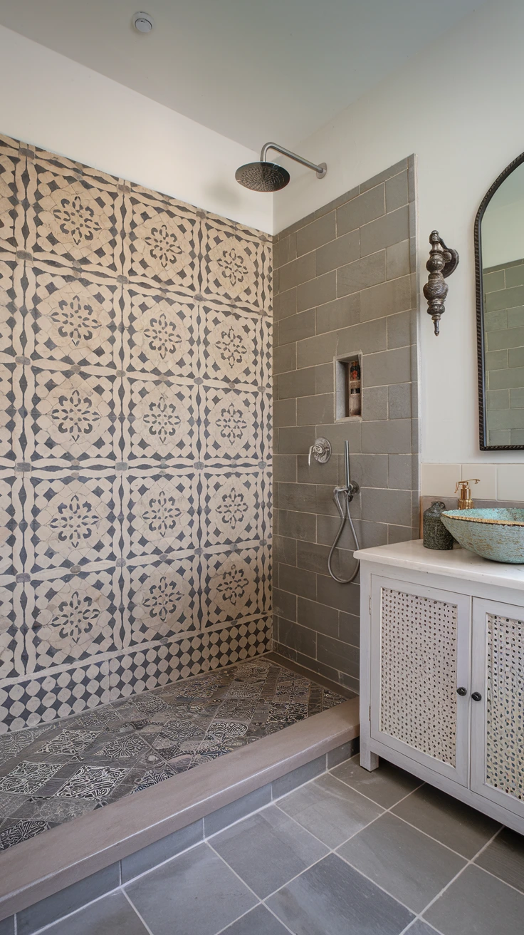 Walk-in shower, tiled feature wall, mixed patterns, rain showerhead, spa-like bathroom, luxury design, Moroccan tiles, waterproof decor, shower niche, modern amenities