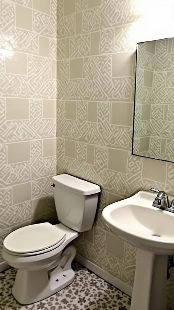 Stenciled pattern bathroom, decorative wall design, intricate details, artistic paint technique, unique wall treatment, textured look, creative decor, customized interior, stylish patterns, dimensional effect