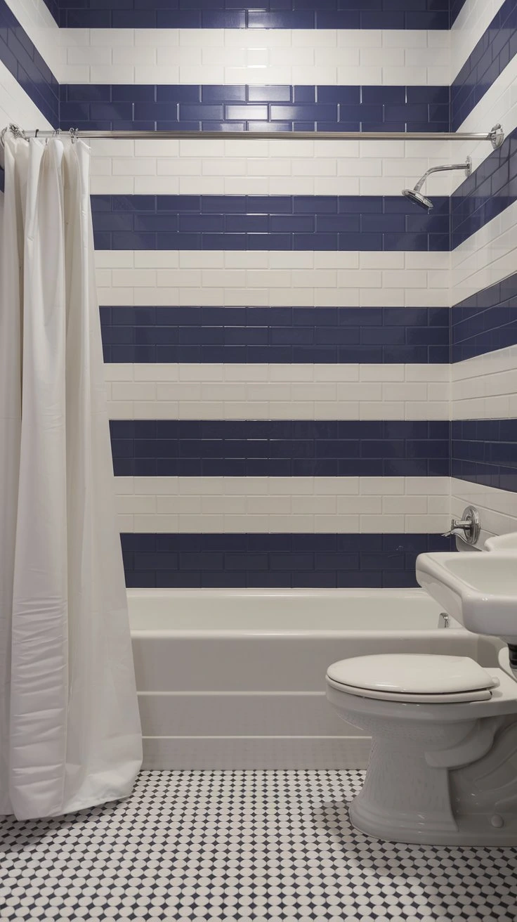 Striped bathroom walls, geometric pattern, visual interest, modern design, bold paint technique, dynamic space, playful decor, contrasting colors, unique wall treatment, eye-catching interior