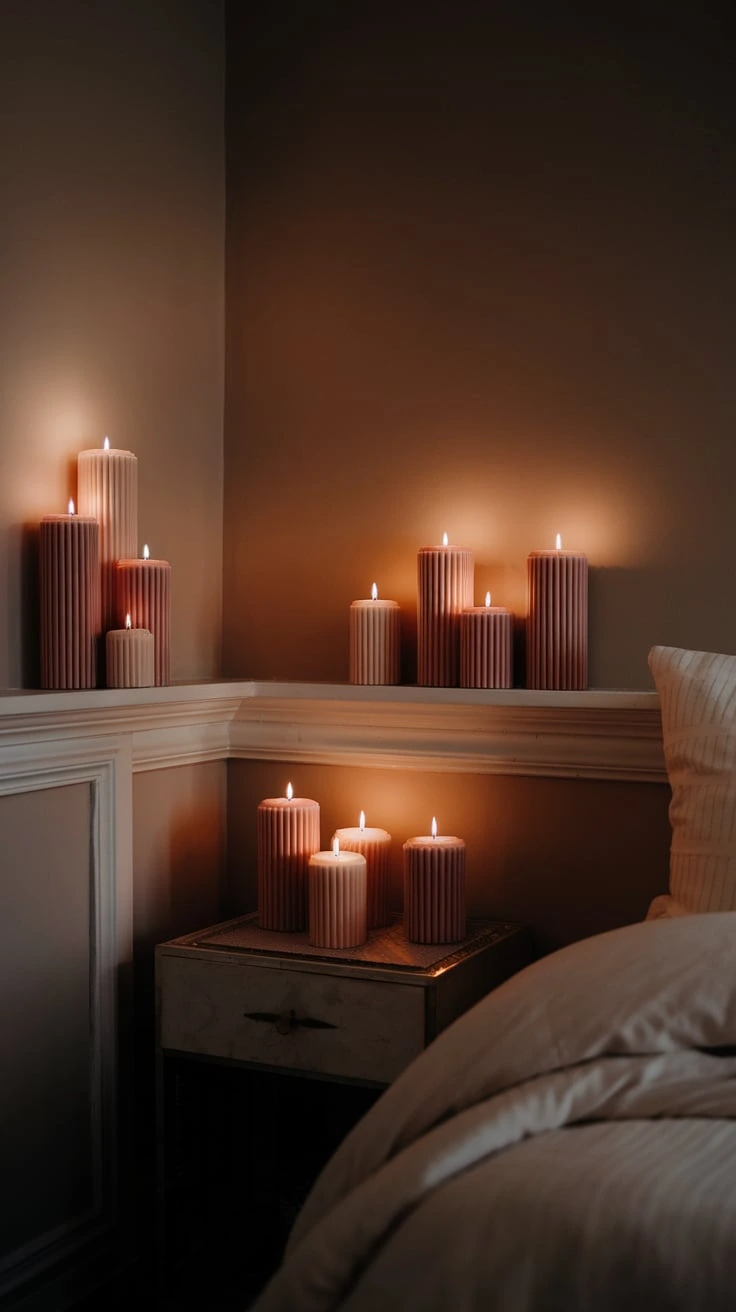 Taper candles bedroom decor pillar candles blush sand tones glam bohemian vibe