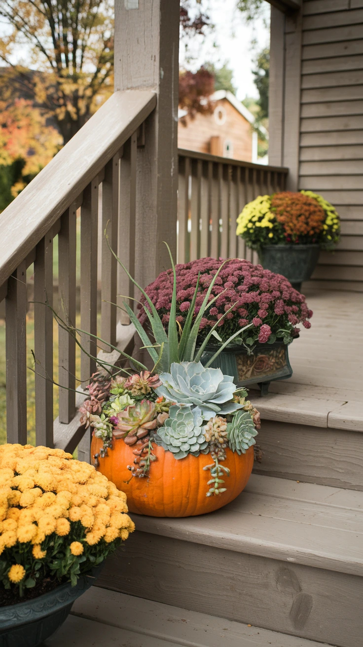 Succulent pumpkin planter modern fall decor low-maintenance faux pumpkin assorted varieties autumn porch ideas trendy decorating