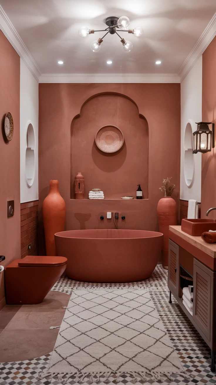 Terracotta accessories, earthy tones, Moroccan pottery, natural materials, warm accents, rustic elements, bathroom decor, plant pots, organic textures, traditional crafts