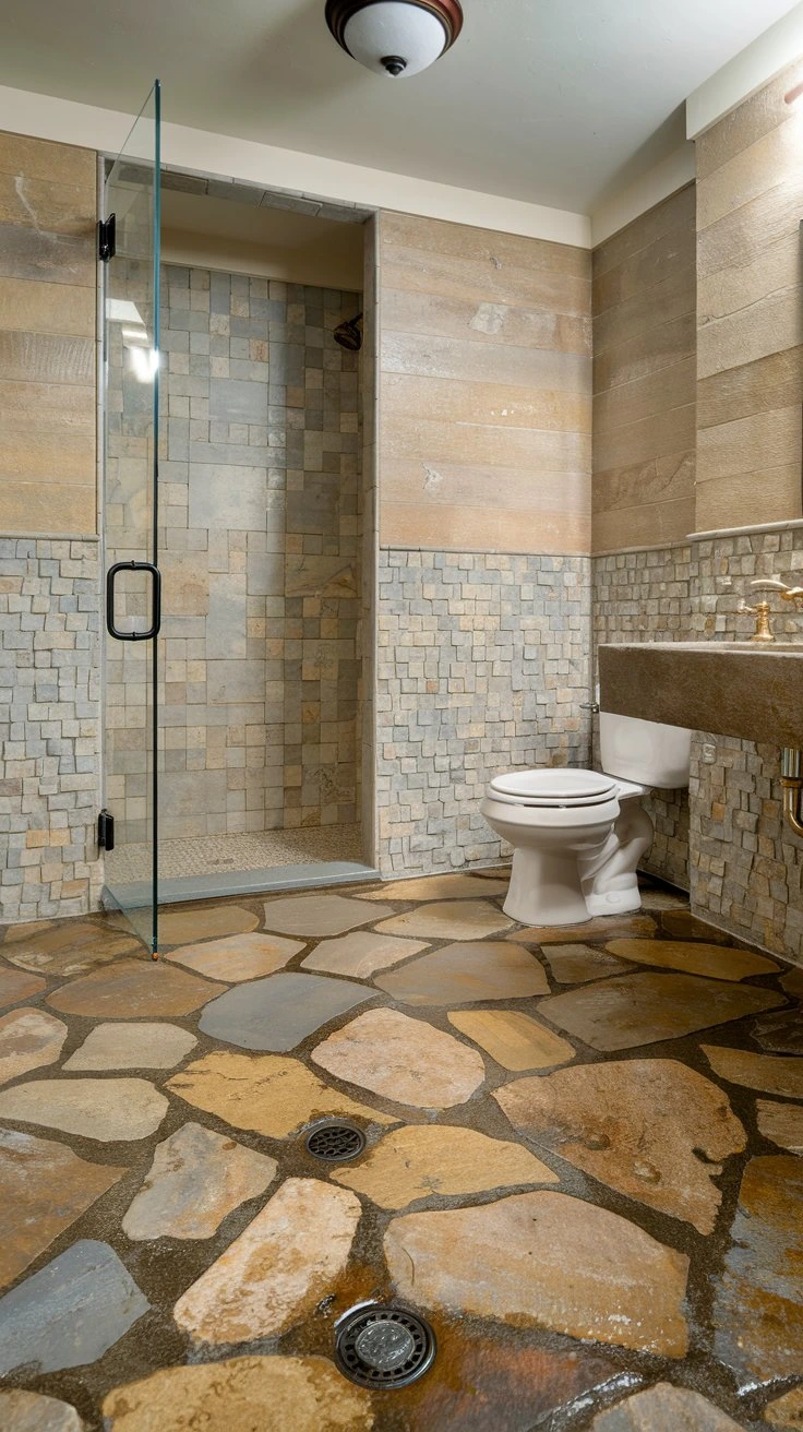 Textured stone bathroom flooring, slip-resistant, natural aesthetic, durable, unique patterns, organic appeal, timeless elegance, safety-oriented, low maintenance, long-lasting