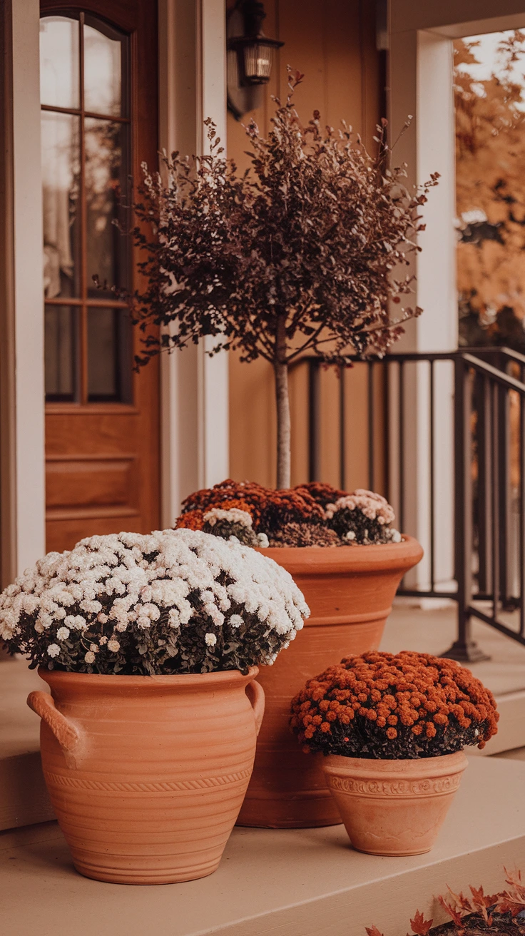 Textured terracotta grouping classic fall display warm orange hue diverse plants porch decor autumn arrangement seasonal ideas