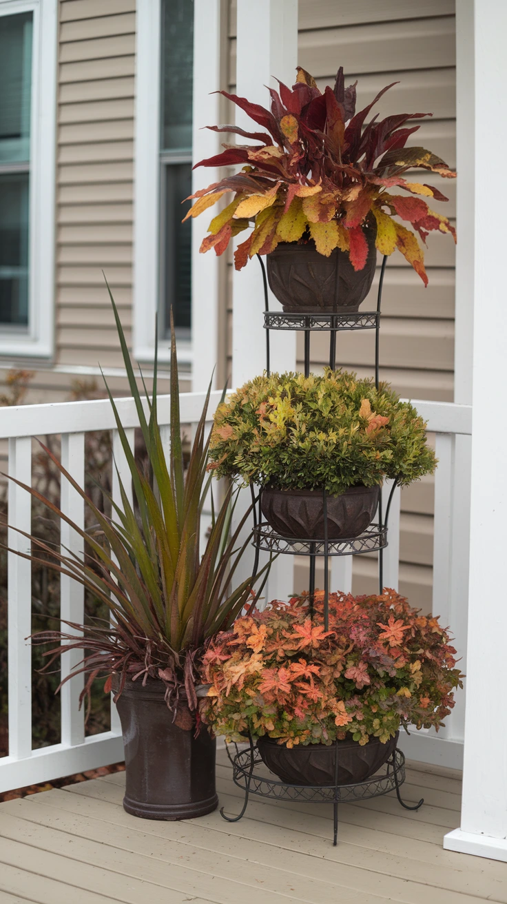 Tiered plant stand vertical garden fall plants diverse arrangement small porch ideas space-saving autumn decor outdoor display