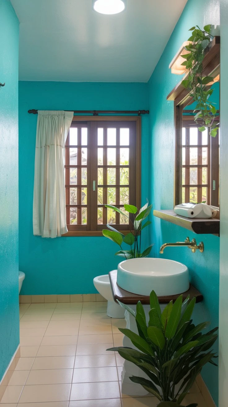 Tropical inspired bathroom, vibrant colors, vacation vibes, bold design, nature-inspired palette, lively interior, exotic feel, energetic decor, fun paint colors, unique theme