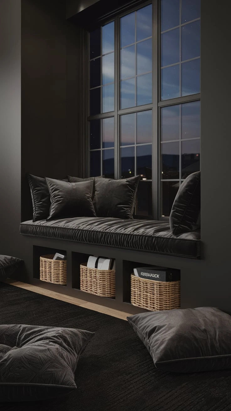 Dark window seat bedroom decor charcoal velvet upholstery woven wood frame storage beneath